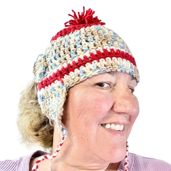 Crochet Hat Blues Browns Red with Ear Flaps and Ties and Pom Pom - Picture 8 of 9